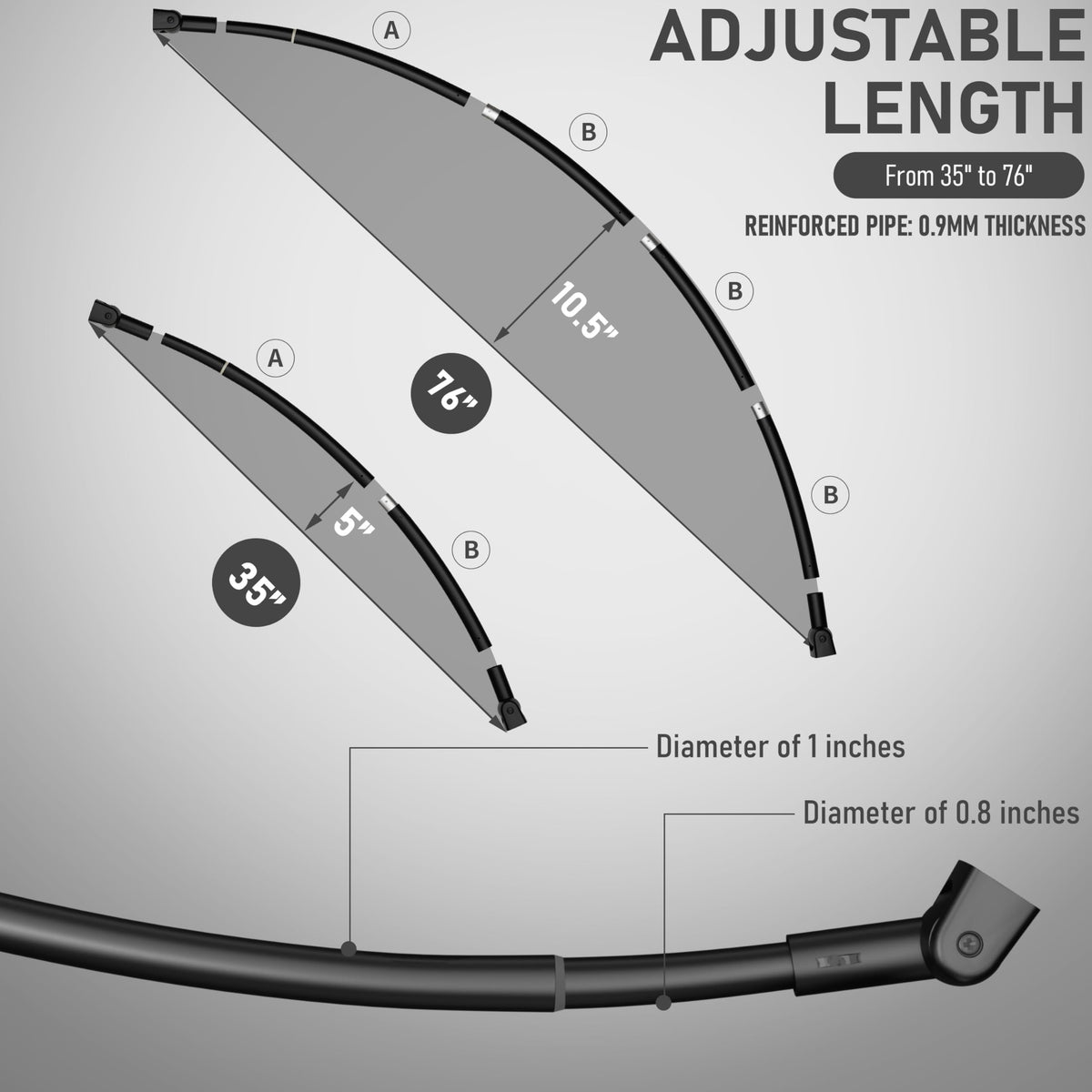 35-76 inch adjustable length fits most showers and tubs