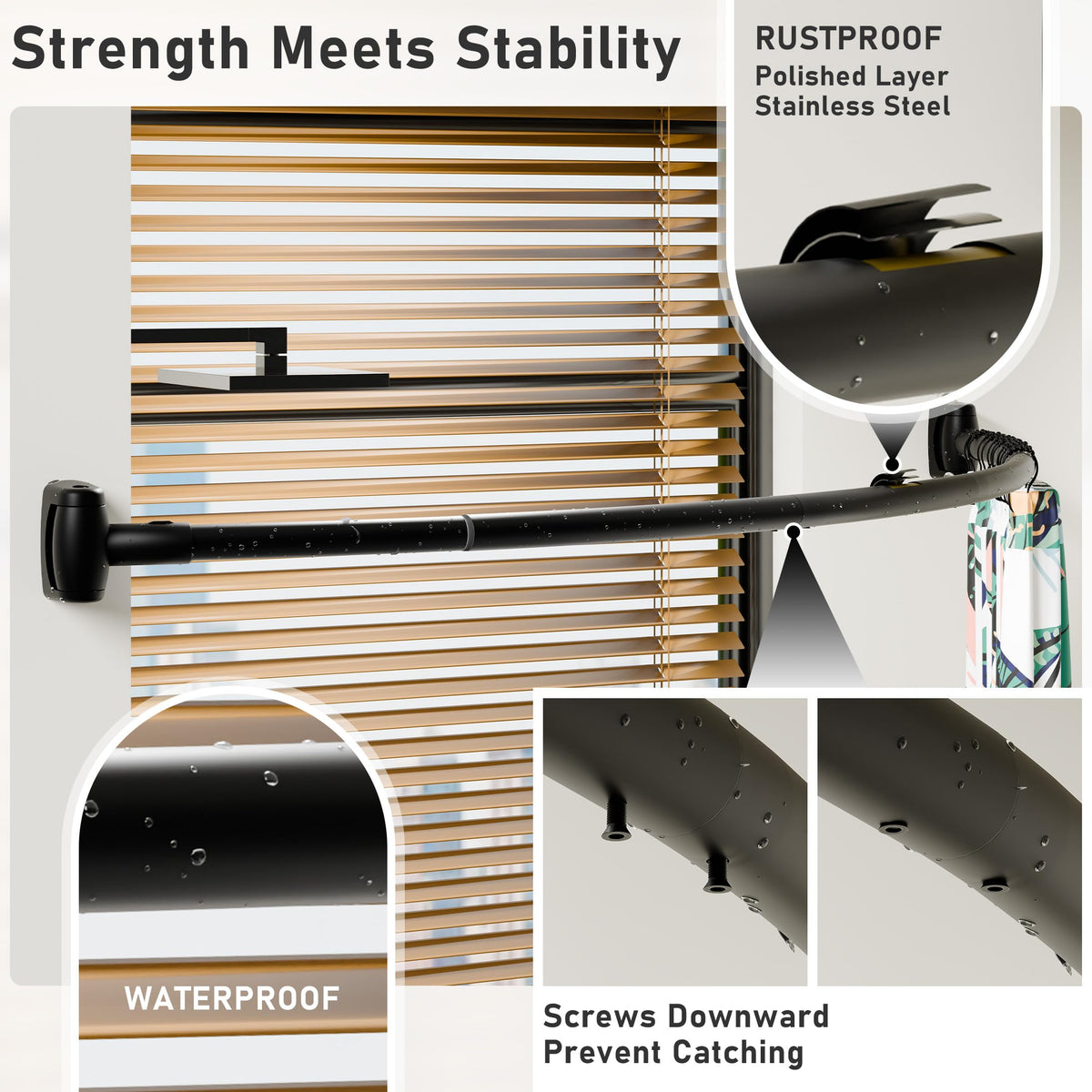 Curved design helps keep the curtain away to reduce splash