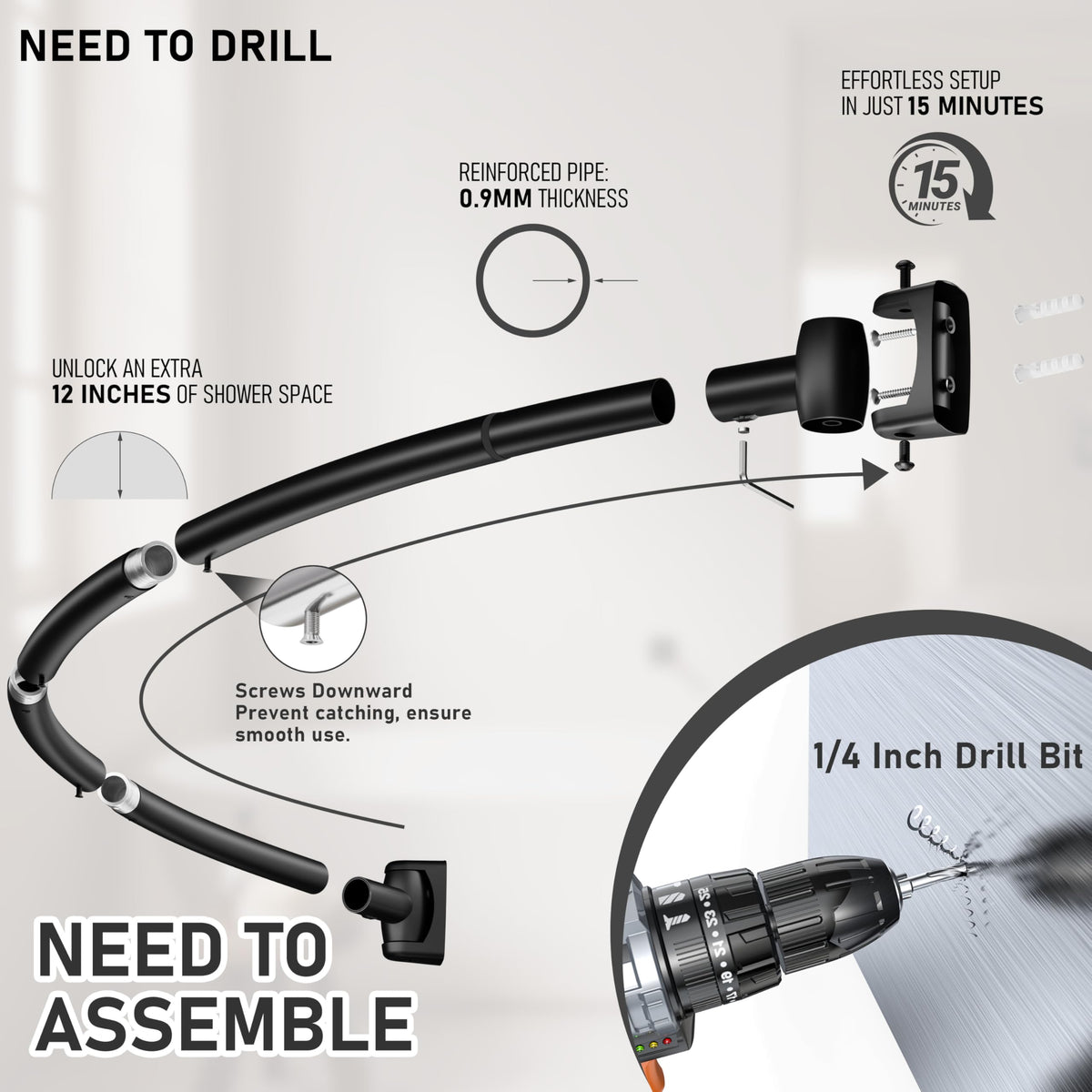 Install-friendly design adds 10.5 inches of shower space for comfort