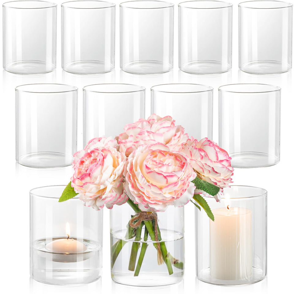 DYMFADFB twelve-piece glass cylinder vases offer versatile centerpiece options.