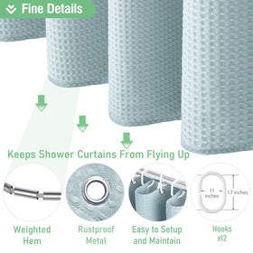Dynamene 12-hook grommets illustrate easy hanging and compatibility with standard shower hooks.