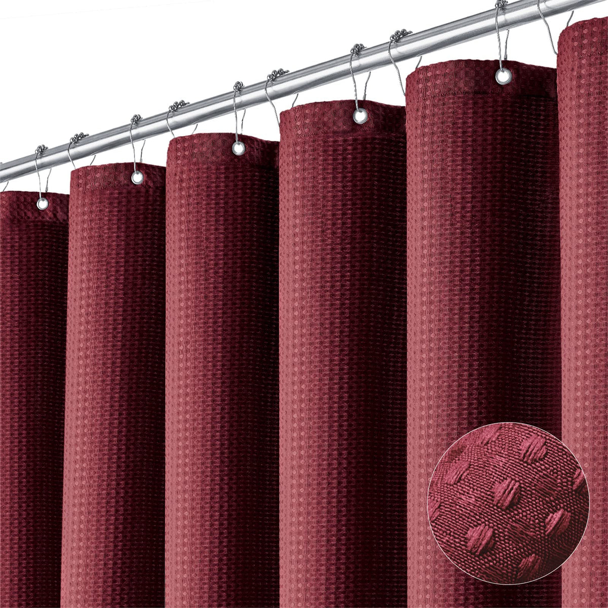 Dynamene Burgundy waffle-weave curtain offers private, luxurious bath experience.