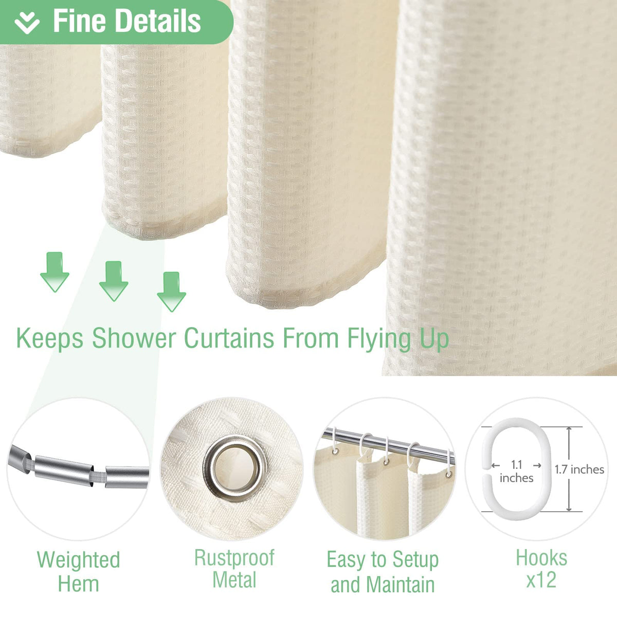 Dynamene cream shower curtain ready for large 72x78 inch spaces.