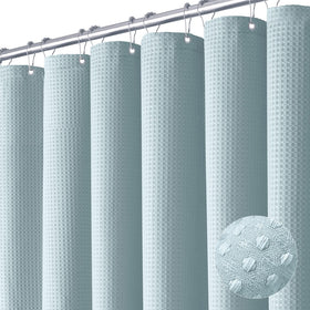 Dynamene Fog Blue shower curtain 72x72 showing a durable fabric and secure weight.