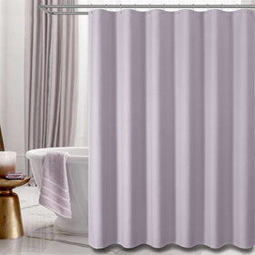 Dynamene Lavender curtain in a modern bathroom demonstrating easy care and setup.