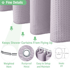 Includes 12 rust-resistant hooks with the Dynamene Lavender curtain for easy setup.