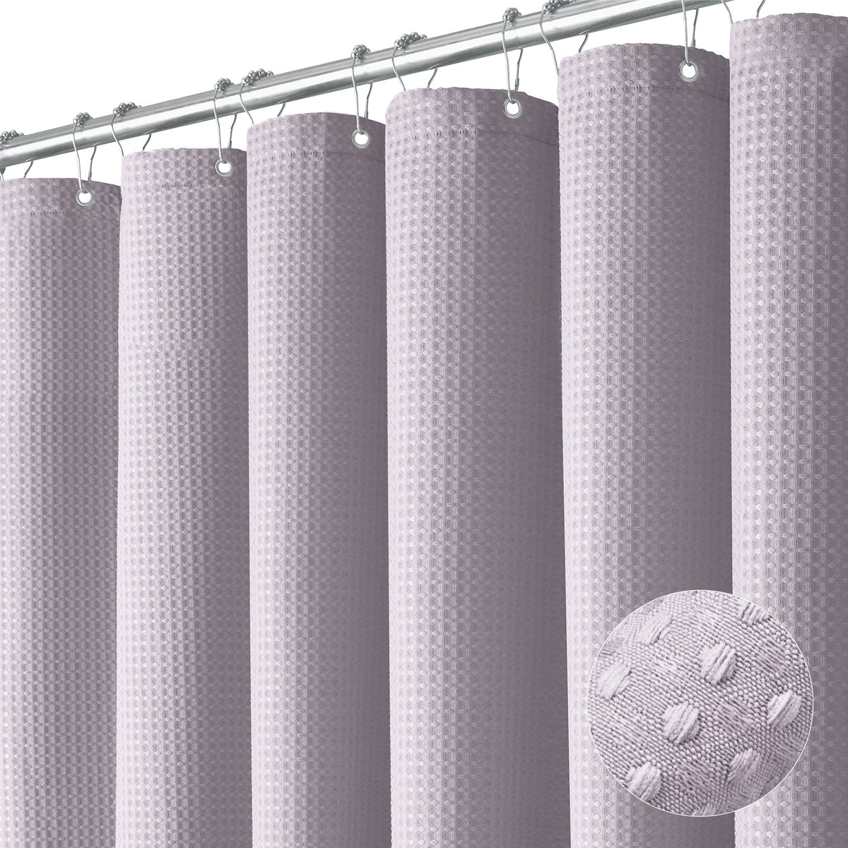 Dynamene Lavender waffle shower curtain full view, bathroom upgrade.