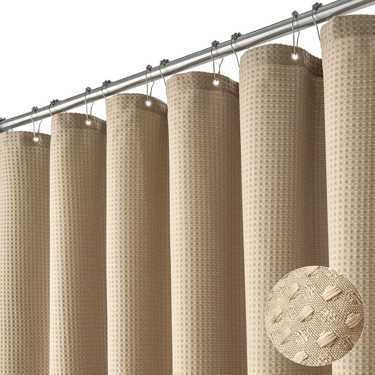 Dynamene beige waffle fabric shower curtain with cotton-feel texture for a premium bathroom experience