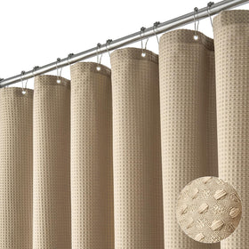 Dynamene beige waffle fabric shower curtain with cotton-feel texture for a premium bathroom experience