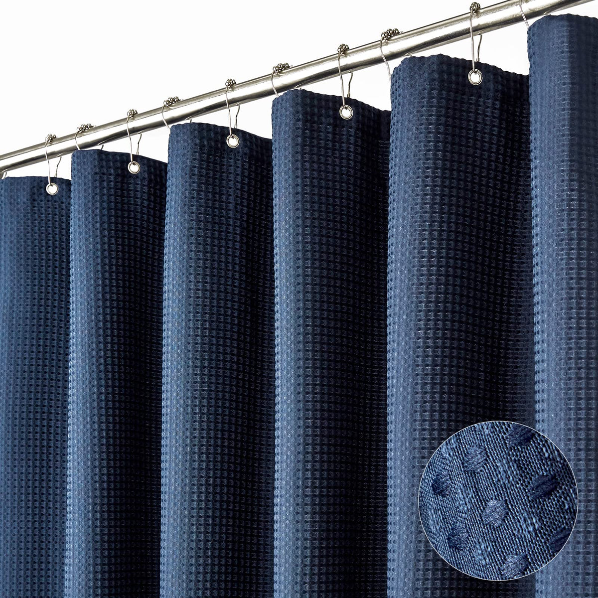 Dynamene navy waffle curtain shows heavyweight drape for privacy