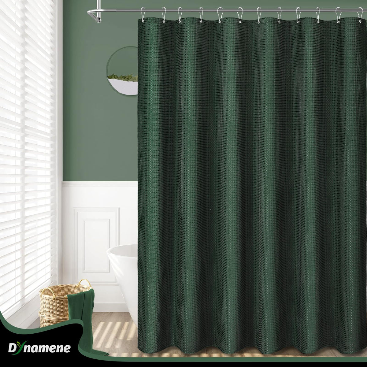 Neutral dark green Dynamene curtain complements diverse bathroom styles.
