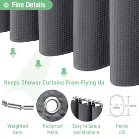 Dynamene neutral charcoal curtain blends with diverse bathroom decor.