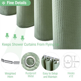 Dynamene curtain with 12 grommets fits most shower hooks.