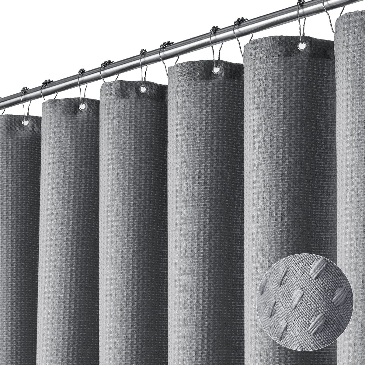 Dynamene grey waffle shower curtain close-up showing heavyweight fabric for durability and privacy