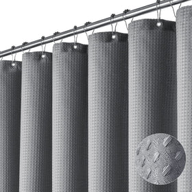 Dynamene grey waffle shower curtain close-up showing heavyweight fabric for durability and privacy