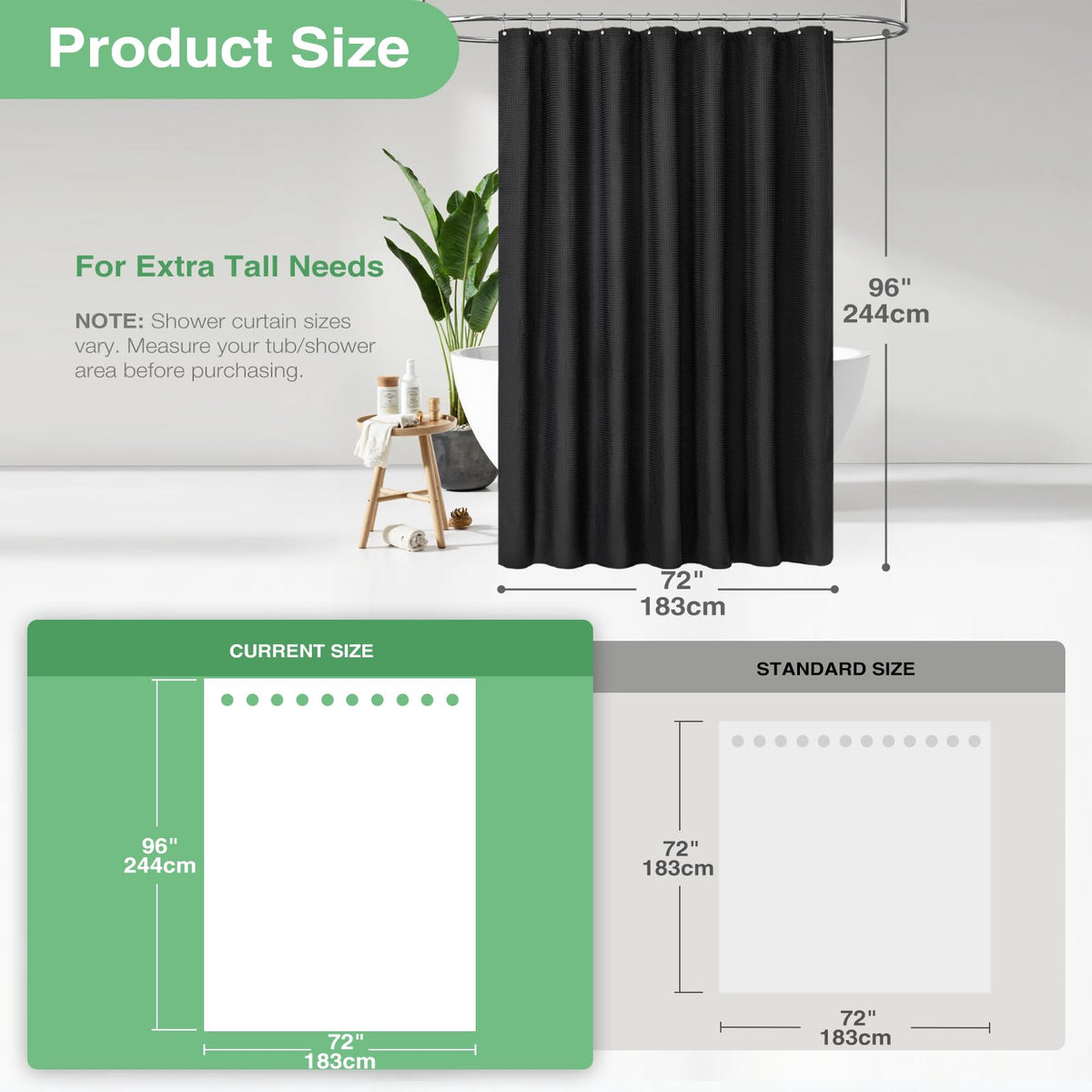 Weighted hem detail prevents curtain from billowing during showers