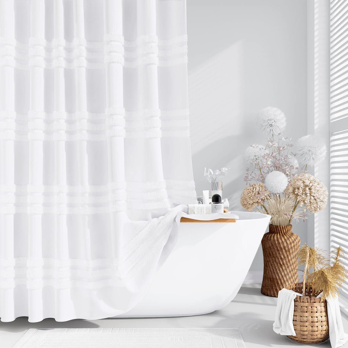 Dynamene white fabric shower curtain with tufted chenille stripes adds luxury to your bath