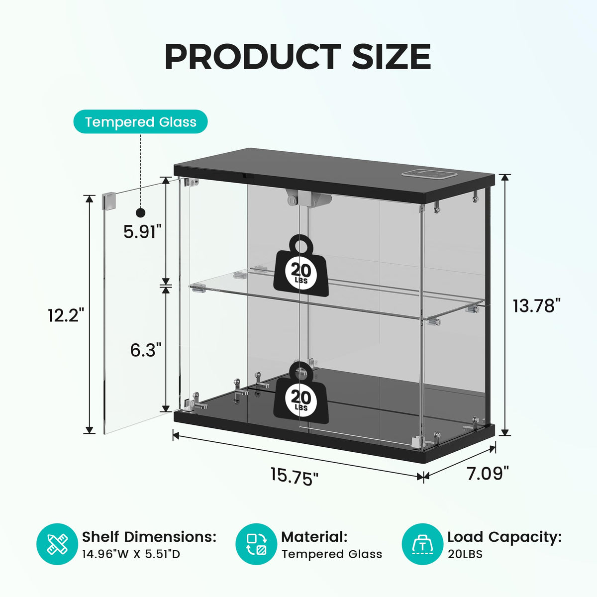 Dystler lighted-glass-display-side-view highlights compact two-tier setup.
