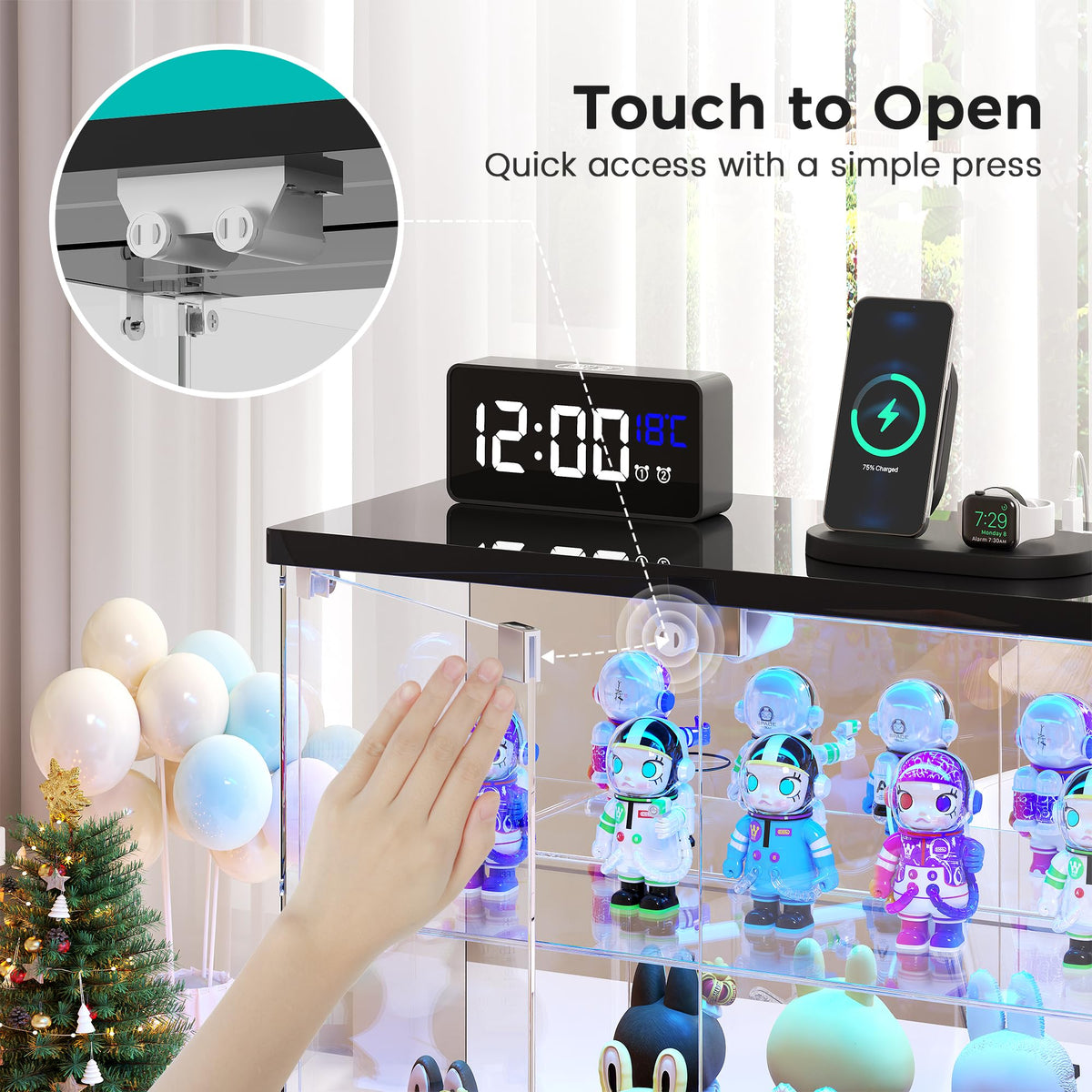 Dystler two-tier display shelves organize figures and collectibles effectively.