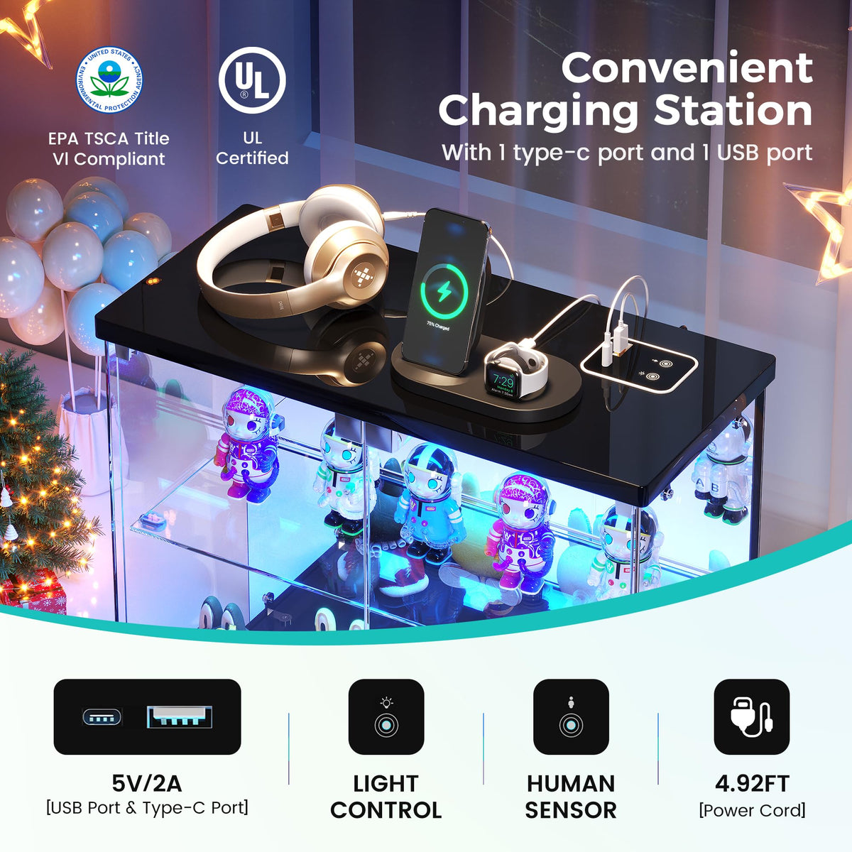 Dystler built-in Type-C and USB charging station keeps devices charged.