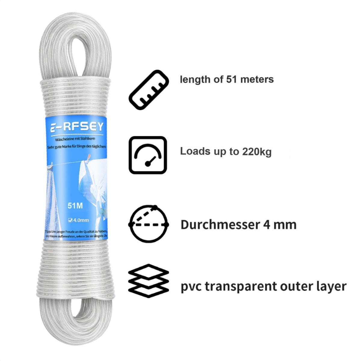 E-RFSEY 4mm diameter steel-core line shows exceptional strength.