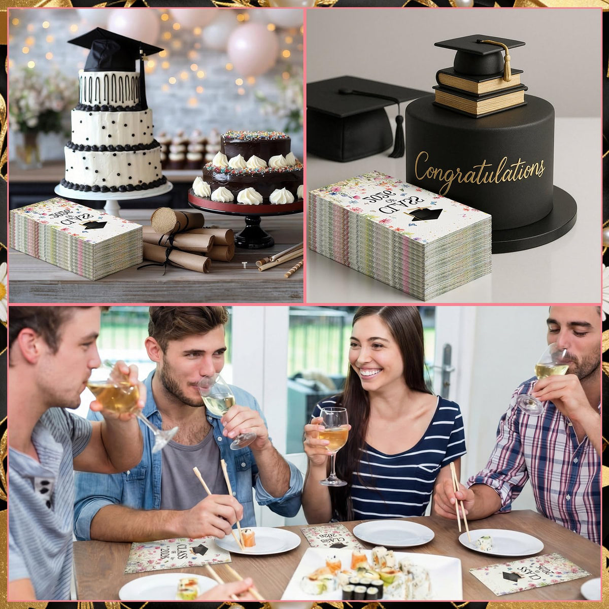 Eaasty graduation-cap motif napkins for elegant table settings.