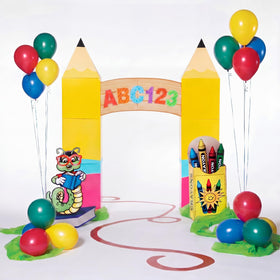 Eaasty pencil archway assembly creates a colorful school entrance for celebrations.