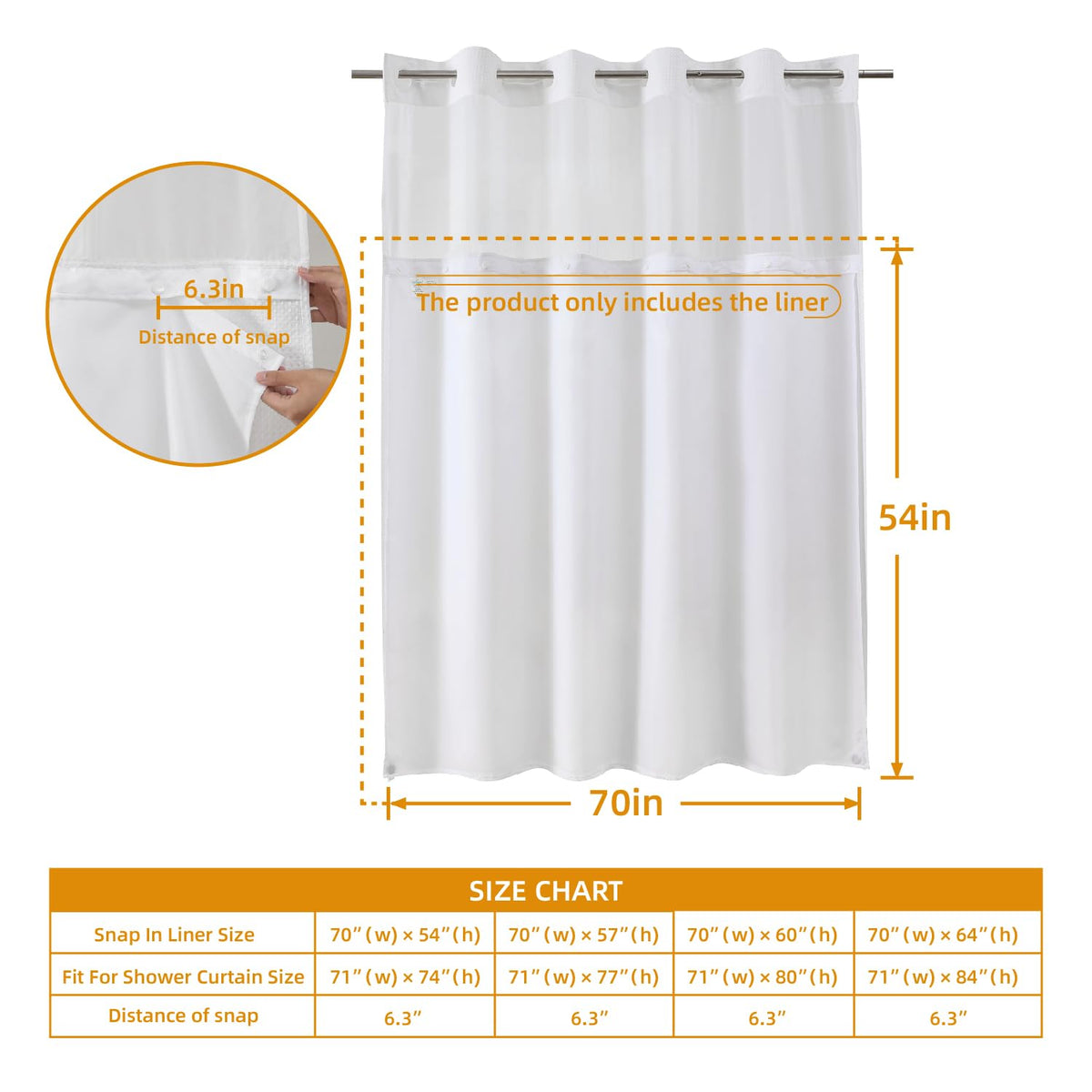 Eachope liner fits standard shower curtains at 70x54, compatible with many hookless systems.