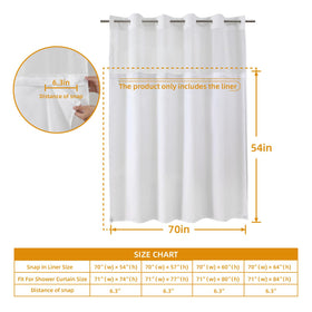 Eachope liner fits standard shower curtains at 70x54, compatible with many hookless systems.