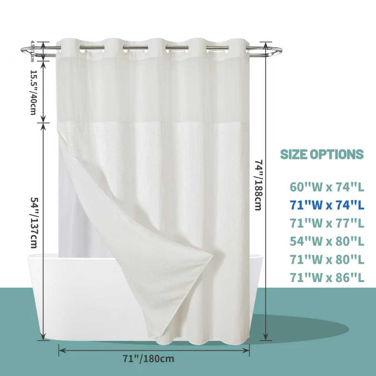 Eachope 71W x 74H curtain fits standard showers.