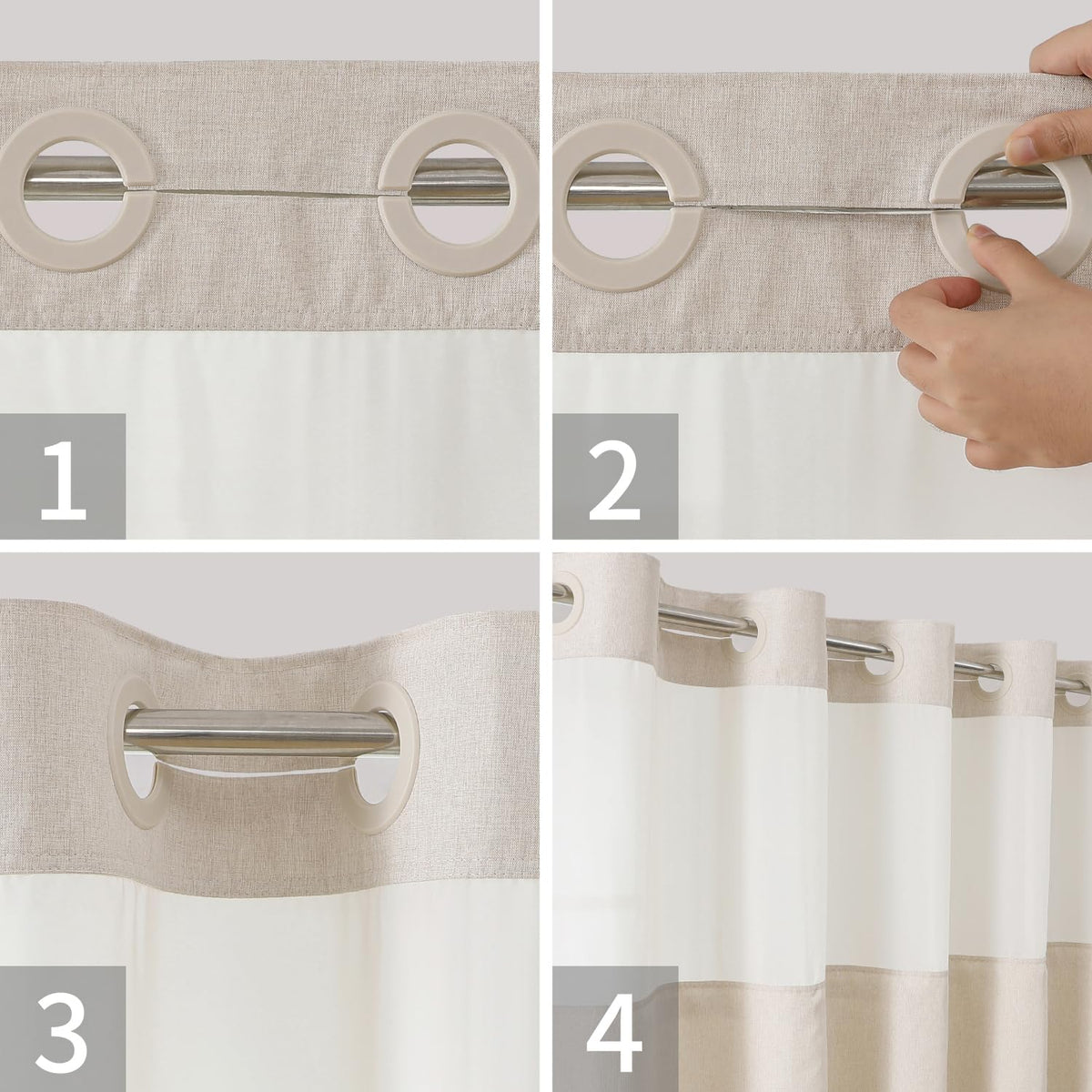 Eachope Beige polyester fabric curtain adds luxury texture to bathroom decor.