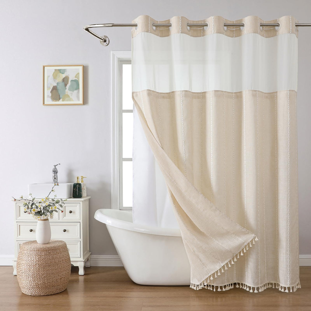 Eachope boho farmhouse shower curtain cream beige for a cozy bathroom vibe