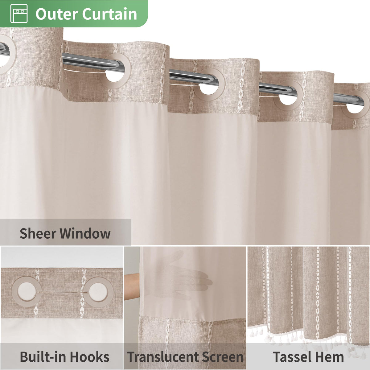 eachope boho farmhouse curtain with see-through top window for light and privacy.