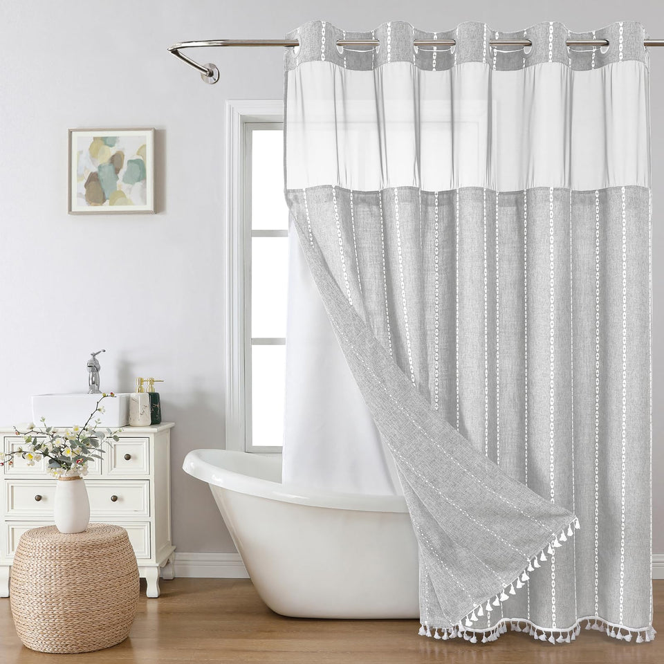 eachope grey farmhouse shower curtain with linen texture adds calm rustic style