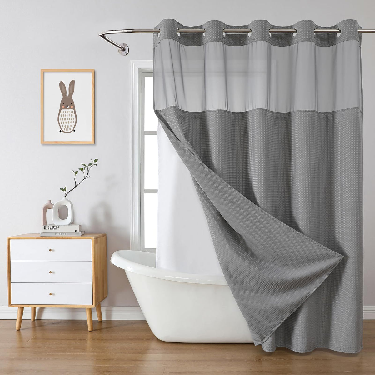 Eachope grey no-hook waffle weave shower curtain for quick hanging and stable styling.