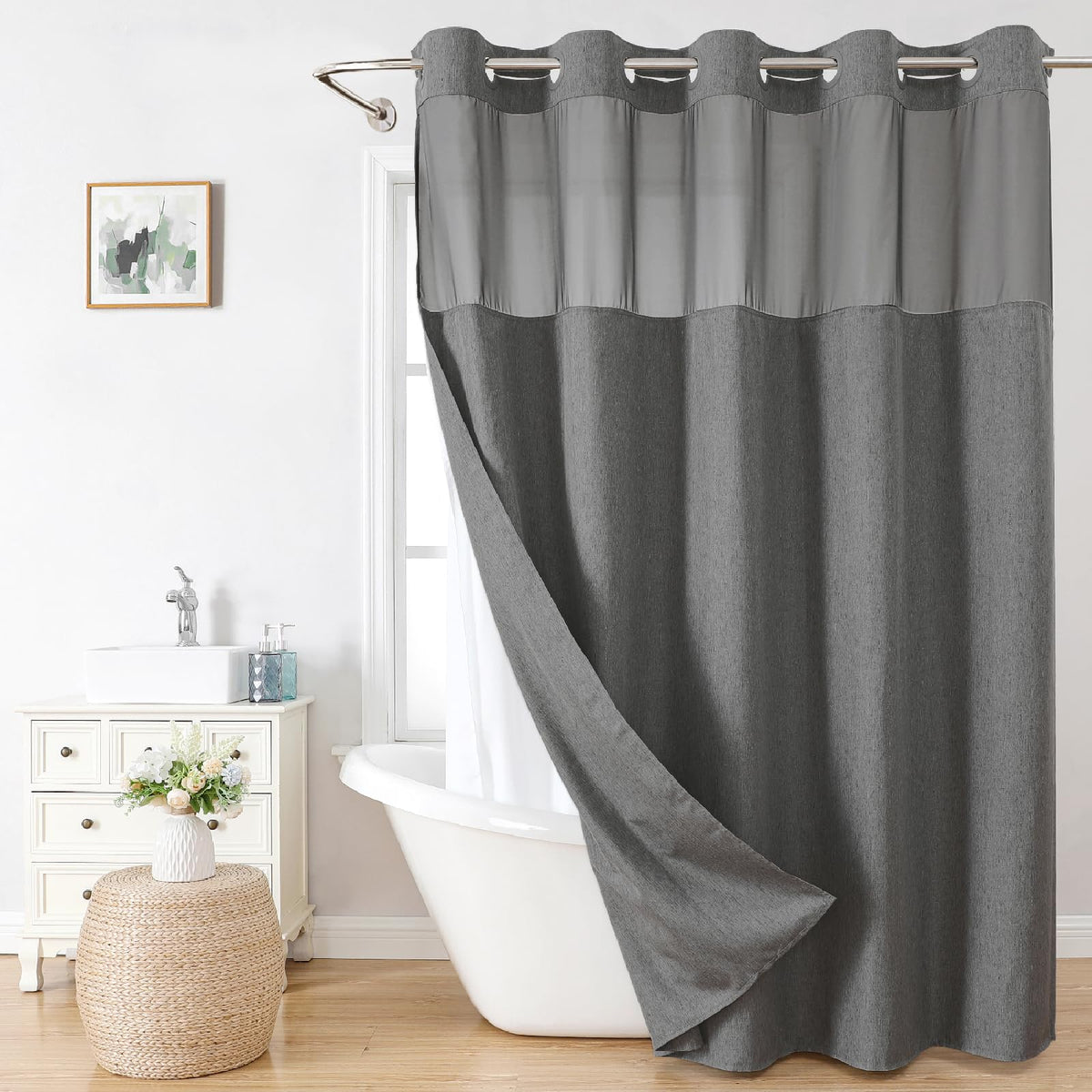 Eachope linen-textured shower curtain in charcoal grey adds a luxurious bathroom look.