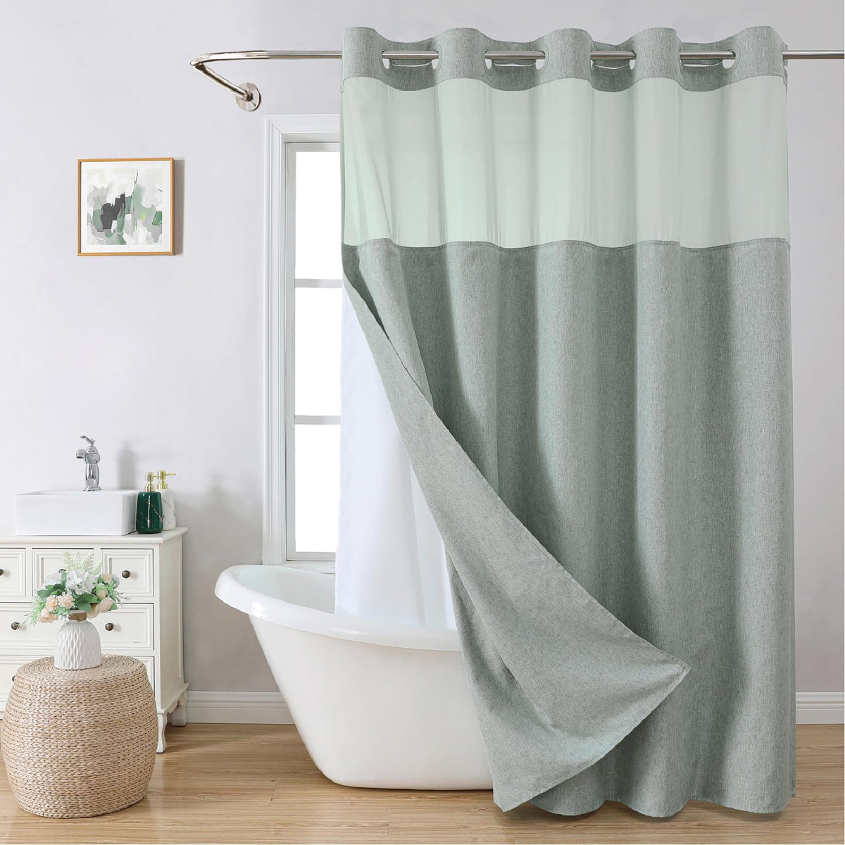 Eachope linen-textured shower curtain in sage green adds luxury and privacy to your bath.