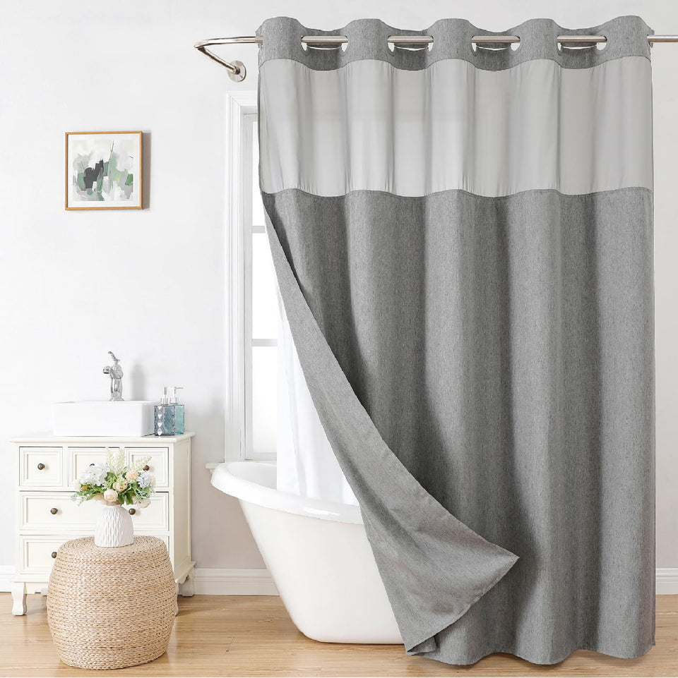 Eachope linen-textured shower curtain with see-through top window for natural light and privacy