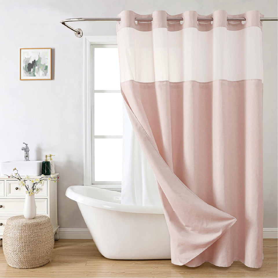 Eachope linen-textured shower curtain adds luxury texture while protecting privacy.