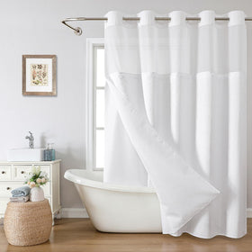 eachope No Hook Waffle Weave shower curtain with open-ring system for quick, tool-free setup