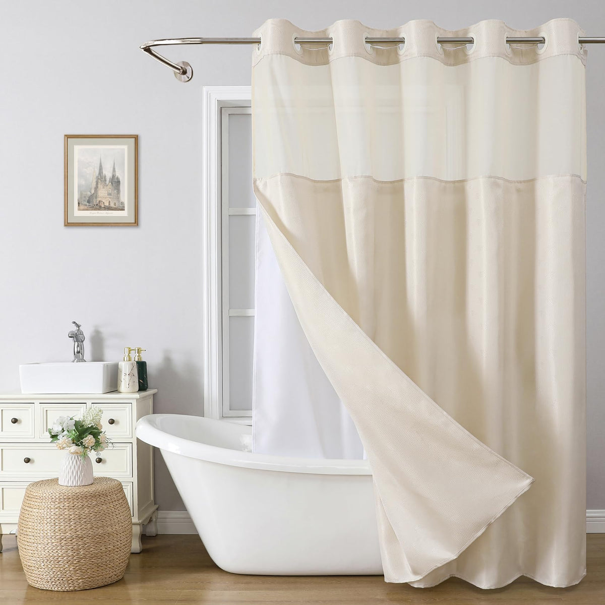 Eachope no-hook shower curtain in cream with built-in rings for quick, tool-free installation.