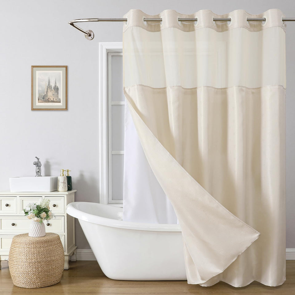 Eachope no-hook shower curtain in cream with built-in rings for quick, tool-free installation.