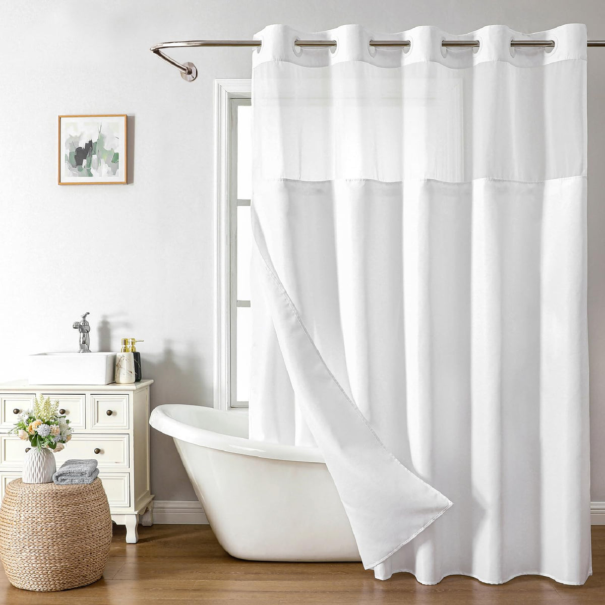eachope linen textured shower curtain with open ring for quick, easy hanging