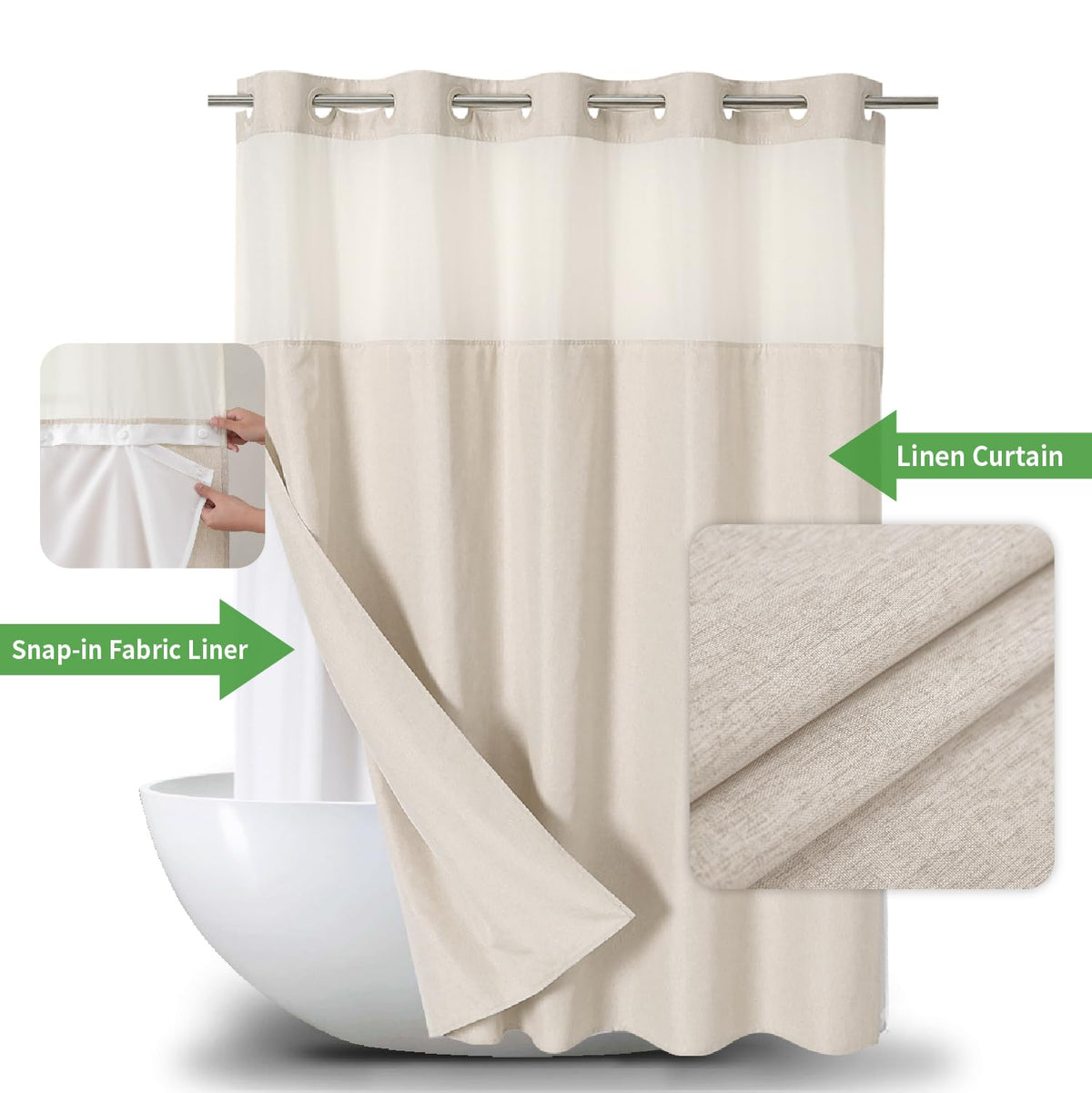 Eachope ringless hanging shower curtain demonstrates quick setup without hooks.