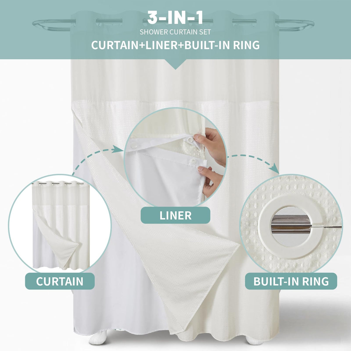 Eachope ringless shower curtain offers easy hanging and quick setup.