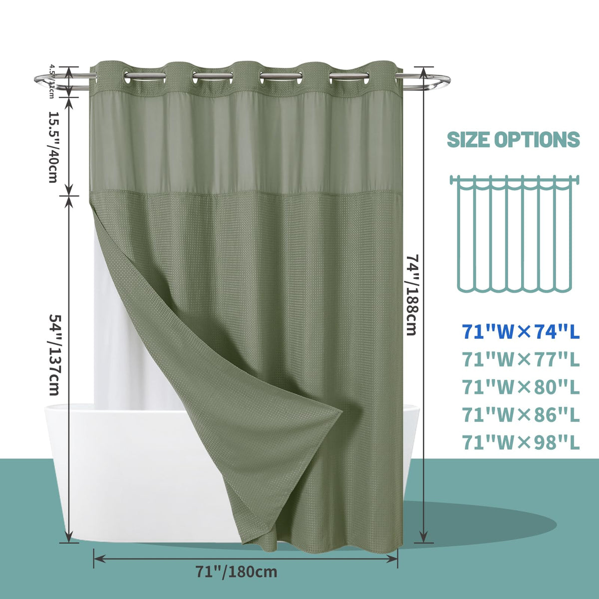 Eachope SageGreen decor-compatible bathroom curtain for versatile styling.