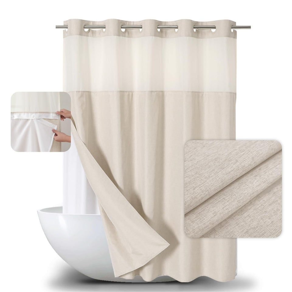 Eachope shower curtain linen texture close-up highlighting elegant beige fabric for a luxe bathroom.