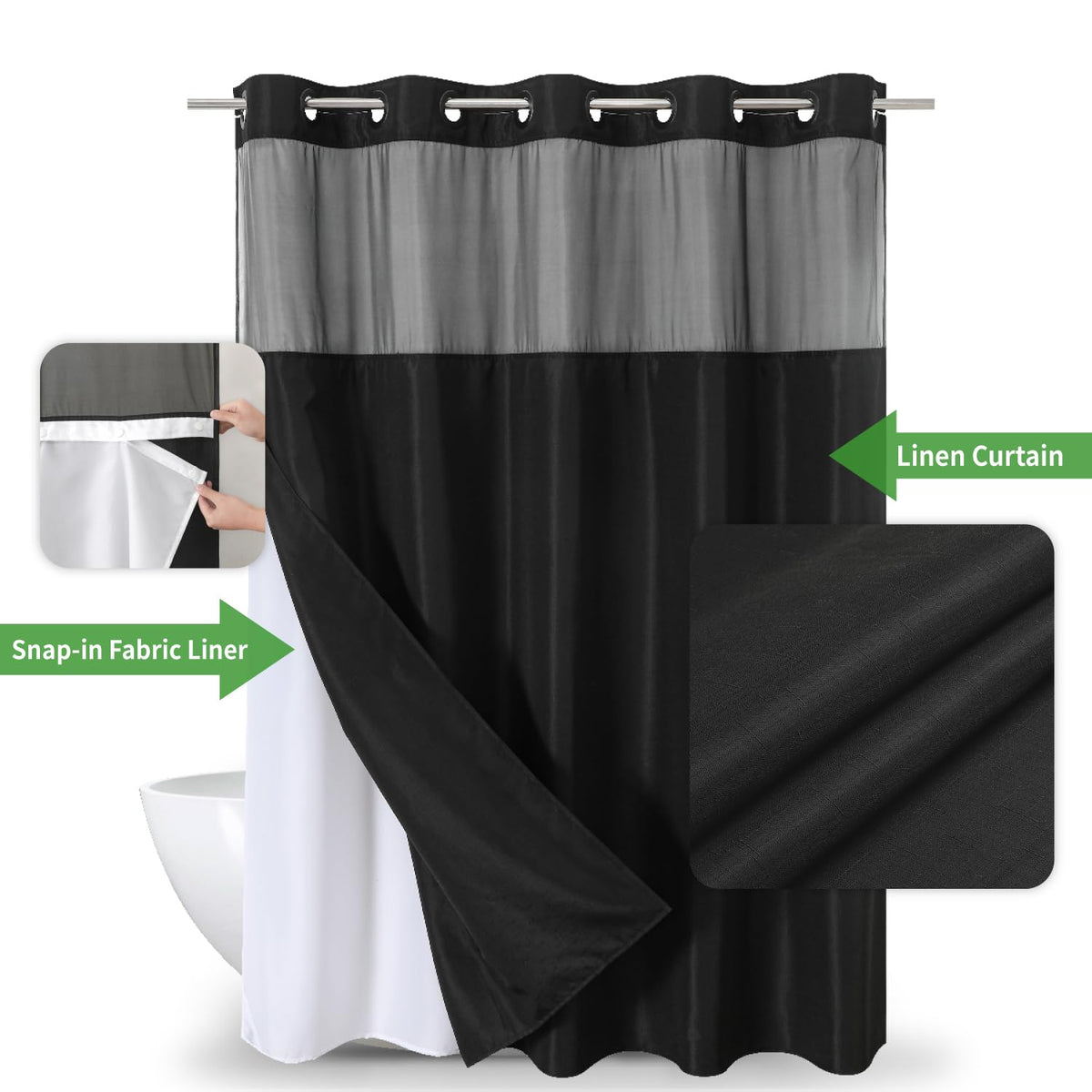 Eachope snap-on liner with magnets provides stable, low-splash performance.