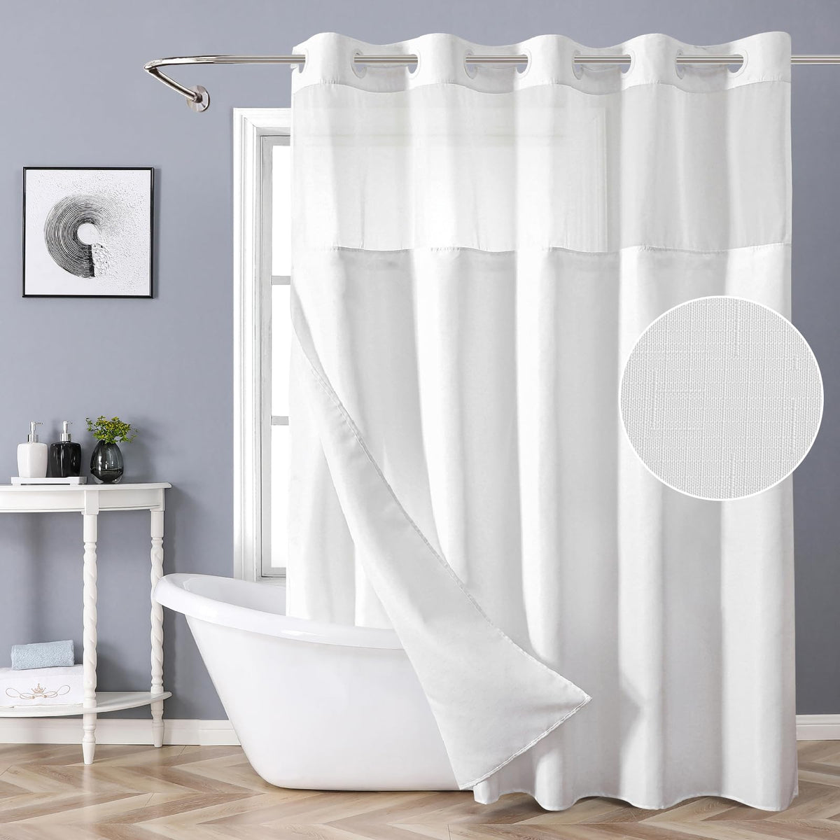 eachope white no-hook shower curtain with snap-in liner for easy installation.