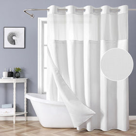 eachope white no-hook shower curtain with snap-in liner for easy installation.